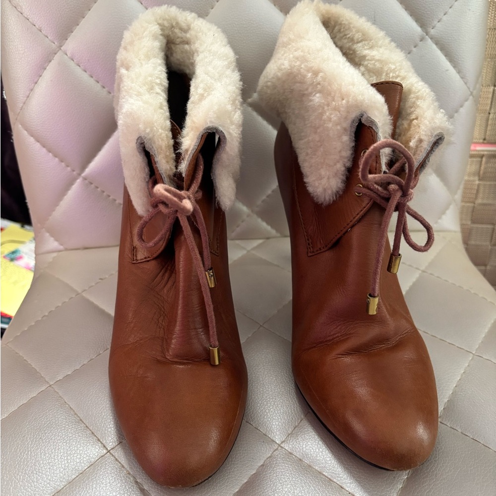Brown Leather Ankle Boots with Cream Lining